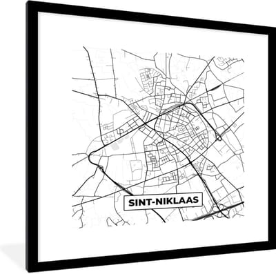 Fotolijst incl. Poster Zwart Wit- Zwart Wit – België – Plattegrond – Stadskaart – Kaart – Sint Niklaas - 40x40 cm - Posterlijst