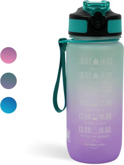 LaCardia Motivatie Waterfles 500 ml - Drinkfles met Rietje en Tijdmarkering - BPA vrij - Drinkbus voor Kinderen en Volwassenen - Sportfles & Travel mug - Groen Paars