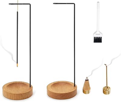 Houten wierookhouder set met 2 gaten voor wierookstokjes, asopvang, schoonmaakborstel en accessoires voor meditatie, yoga en thee ceremonies
