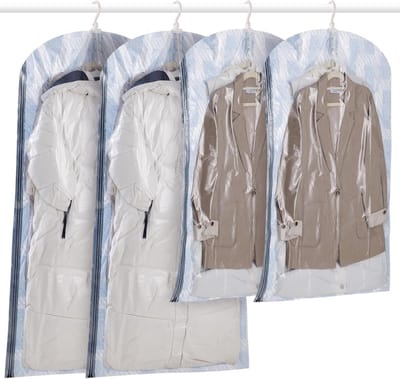 Famanu – Hangende Vacuüm Opbergzakken voor Kleding - 4 Verpakkingen (2 Lange 135x70cm & 2 Korte 105x70cm) - Blauwe Vacuüm Jassenzakken voor Pakken - Jassen of Jurken - Closet Organizer Ruimtebespaarder Vacuümzakken