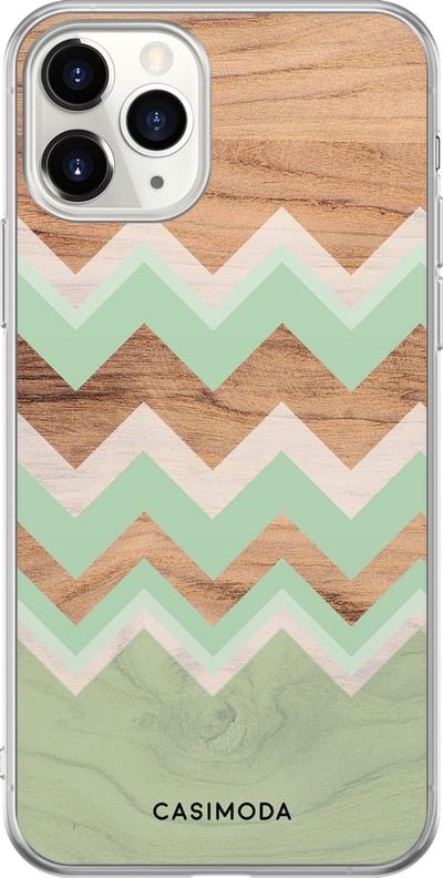 Casimoda® hoesje - Geschikt voor iPhone 11 Pro - Mint Wooden Chevron - Siliconen/TPU telefoonhoesje - Backcover - Hout - Bruin/beige