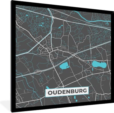 Fotolijst incl. Poster - België – Oudenburg – Stadskaart – Kaart – Blauw – Plattegrond - 40x40 cm - Posterlijst