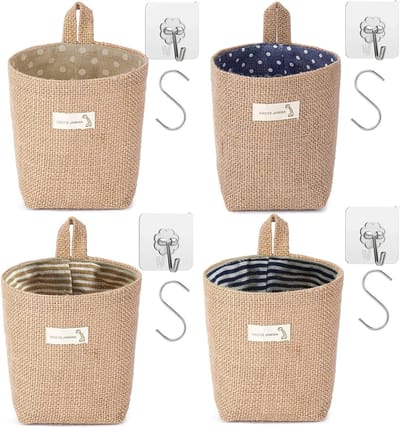 Set van 4 Opbergzakken van Katoen en Linnen, Vouwbare Wandorganizer met Haken voor Kleine Spullen, Waterdicht en Ruimtebesparend