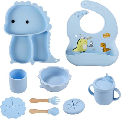 9-delig Kinderservies Set Blauw - Kraamcadeau jongen - Dinosaurus thema - Kinderborden - Kinderbestek - Baby cadeau idee - Baby shower - Kraamkado - Cadeau voor baby - Cadeau voor nieuwe ouders - Baby shower cadeau idee - Bestek voor baby