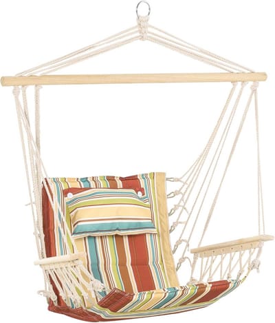 Hangmatstoel met Dikke Touw en Brede Zitting - Multi-Color Streep voor Binnen en Buiten