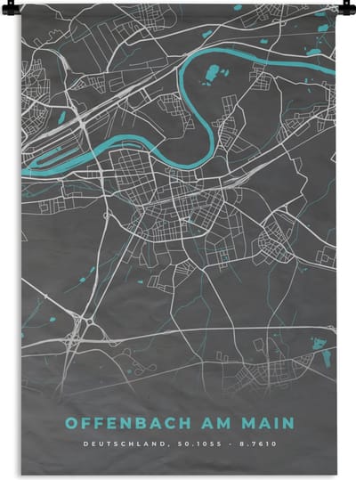 Wandkleed - Wanddoek - Duitsland – Blauw – Offenbach am Main – Stadskaart – Kaart – Plattegrond - 120x180 cm - Wandtapijt