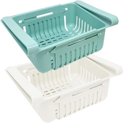 longziming -2 Stuks Koelkast Organizers – Ruimtebesparend Opbergsysteem – Blauw en Wit