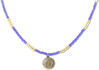 CO88 Collection 8CN-26291 Stalen Ketting met Kralen - Dames - Goudkleurig - 3 mm - Blauw - 2,5 mm - Veren - 12 mm - Lengte 70 + 7 cm