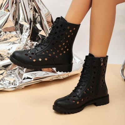Zomer Dames Schoenen Dunne Korte Laarzen Locomotief Mesh Laarzen Uitgehold Koeienhuid Lederen Laarzen Vrouwelijk 39