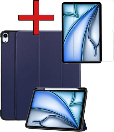 Hoesje - Geschikt voor Apple iPad Air (2024/2025/2026) - 11 inch - Met Screenprotector - Trifold Bookcase Hoes - Hard Cover Case - Met Uitsparing Geschikt voor Apple Pencil - Hardcover Book - Tablethoes - Donkerblauw