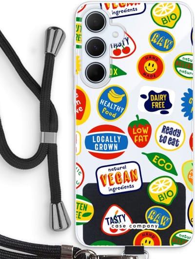 Case Company® - Hoesje met koord geschikt voor Samsung Galaxy A35 hoesje met Koord - Fruitsticker - Telefoonhoesje met Zwart Koord - Bescherming aan alle Kanten en Over de Schermrand