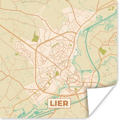 Poster Stadskaart - Kaart - Lier - Plattegrond - Vintage - 100x100 cm XXL