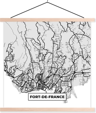 Posterhanger incl. Poster 40x40 cm - Schoolplaat - Kaart - Stadskaart - Frankrijk - Fort-de-France - Plattegrond - Textielposter - Blanke latten - Stadskaart