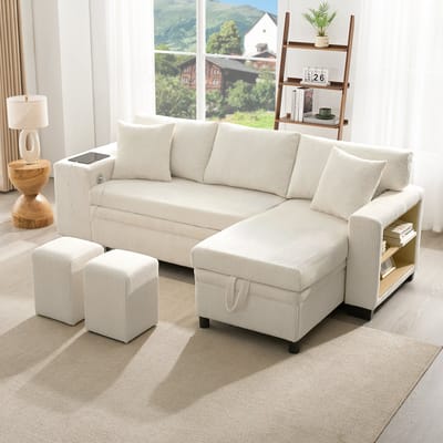 DESMIU Hoekbank 231 Cm - Slaapfunctie Met Opbergruimte En Usb Usb C Oplaadpoort - Voor Woonkamer - Cordstof Beige