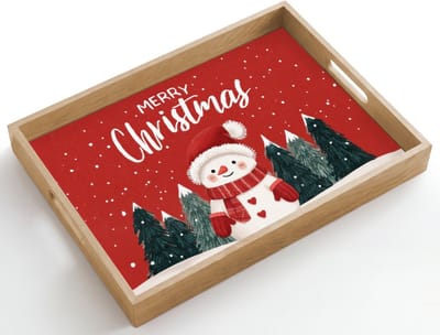 Dienblad hout 50x35 cm - Schootdienblad - Kerstgroet - Sneeuw - Rood - Borrelplank rechthoek - Plateau dienbladen