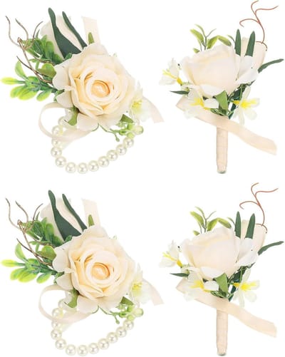 Kunstbloem Set - Pols Corsage Boutonniere - Feestelijke Decoratie - Verstelbare Band - 13 x 8 cm - Licht