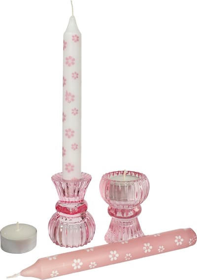 Comforder Cadeauset Glazen Kandelaar Gekleurd - Waxinelichthouders Set Incl. 2 Dinerkaarsen en 2 Waxinelichtjes - Roze Kaarsenstandaard