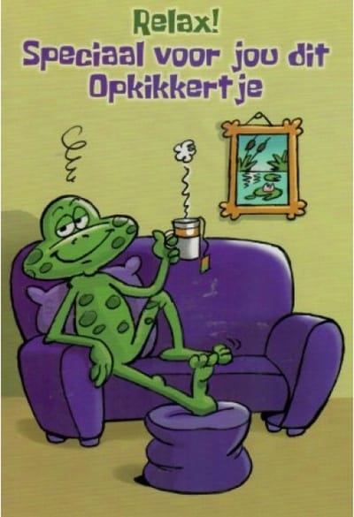 Relax! Speciaal voor jou dit opkikkertje! Een geschikte kaart om te sturen / geven aan mensen die ziek zijn. Deze kikker hoopt zich snel beter te voelen door te rusten warme thee te drinken. Een dubbele wenskaart inclusief envelop en in folie verpakt