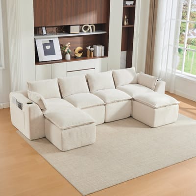 MIVRAY Hoekbank 322 x 161 x 75 cm - Vrij Combineerbaar Met Hockers En Zijvakken - Voor Woonkamer Of Kantoor - Cord Beige