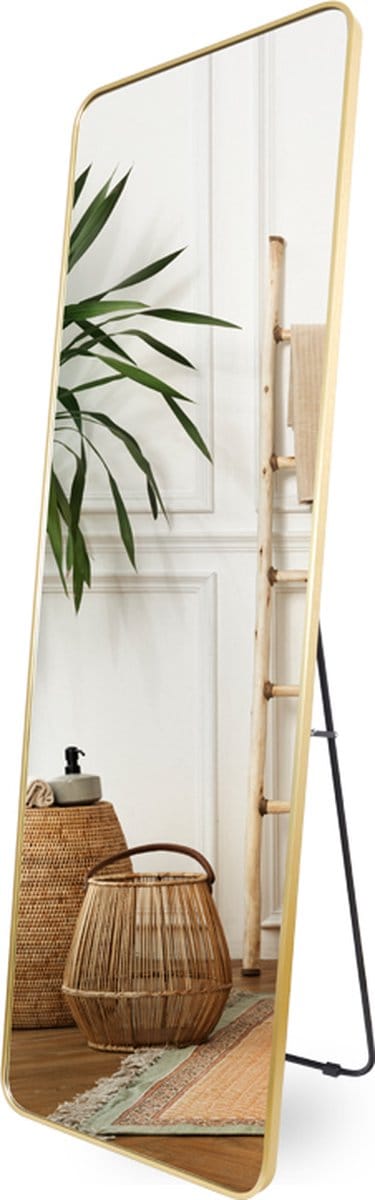SensaHome Passpiegel - 2 in 1 Spiegel - Staande Spiegel - Hangspiegel - Grote Wandspiegel - Geborsteld Aluminium - Veiligheidsglas - 160x50cm - Goud