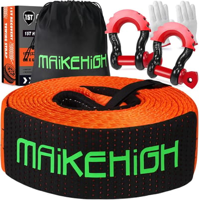 SnelShoppen - Off-Road Recovery Tow Strap 15 Ton 6M x 6.5cm met Verbeterde Sluitingen, Inclusief 2 Handschoenen voor Auto, Truck, SUV - Oranje