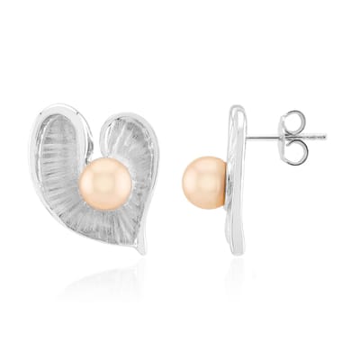 Cavill - Zilveren Oorstekers - 925 Sterling Zilver Gerhodineerd - Perzikkleurige Ming Zoetwaterparels 7mm - Elegante Dames Oorbel Hartvormig 17mm