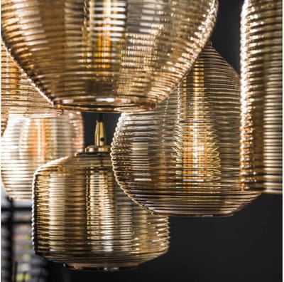 Hanglamp van 7 Lampen met Gestreept Glas Horizontaal Eetkamer - Amberkleurig glas - Stripe Glass - Woonkamer - Eettafel - Slaapkamer - Sfeer Verlichting - In Hoogte Verstelbaar tot 150 cm - 3+4 Lampen