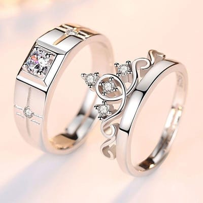 Bagues de Couple Paire en Zirconium de Luxe Pour Femmes Hommes Anneau de Promesse Doigt Couronne Brillante Fleur Cœur Bijoux Anniversaire Mariage Amoureux resizable gray