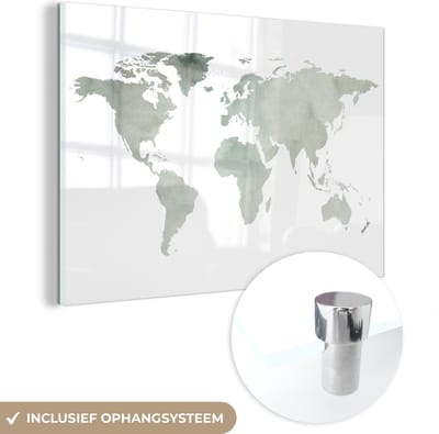 MuchoWow® Glasschilderij 60x40 cm - Schilderij acrylglas - Wereldkaart - Grijs - Waterverf - Foto op glas - Schilderijen