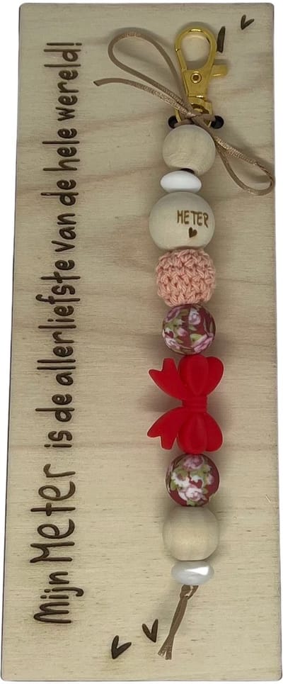 Sleutelhanger en houten kaartje liefste Meter | ROOD | STRIK | jij bent de liefste | liefste meter | coolste peter | cadeau