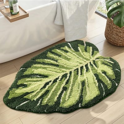 Badmat 50 x 80 cm, Antislip en Zachte Badmatten met Groene Bladplant, Machinewasbare en Absorberende Badtapijt voor Douche, Badkamer en Badkuip, Monstera