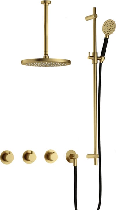 Hotbath Cobber IBS70 inbouw regendoucheset met ronde handdouche aan glijstang en 20cm ronde hoofddouche aan 30cm plafondarm geborsteld messing PVD
