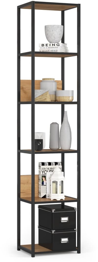 Open Boekenkast, Ladderkast, Industriële Stijl / Metalen Vakkenkast met 6 Planken / Opbergplank / Boekenrek Opslagrek / Zwart - Craft Eik / 40 x 192 x 32 cm