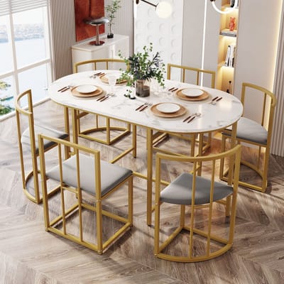 MODFU - Eettafelset Met 6 Stoelen - Met Rugleuningen En Velours Bekleding - Modern - Voor De Eethoek - MDF - Wit, Grijs En Goud