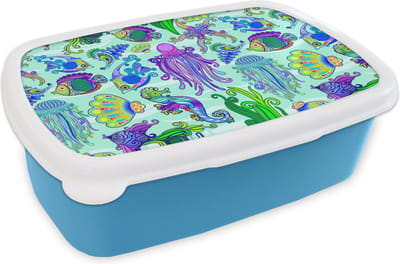 Broodtrommel Blauw - Lunchbox - Brooddoos - Dieren - Regenboog - Vissen - Patronen - 18x12x6 cm - Kinderen - Jongen