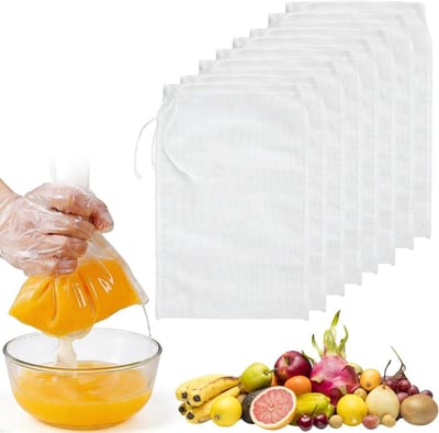 Herbruikbare Notenmelk Zakjes - Fijne Mesh Filterdoeken voor Melk, Kaas en Sap - 8 Stuks, Wasbaar met Trekkoord (20x30cm)