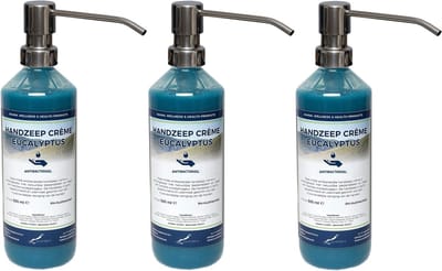 Handzeep Crème Eucalyptus 500 ml - set van 3 stuks - met gratis RVS zilverkleurige pomp - Voordeelverpakking