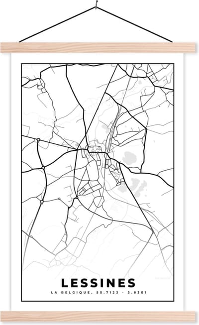 Posterhanger incl. Poster 40x60 cm - Schoolplaat - Stadskaart – Zwart Wit - Kaart – Lessines – België – Plattegrond - Textielposter - Blanke latten - Stadskaart