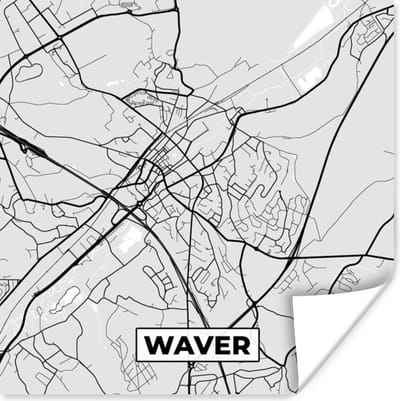 Poster Kaart – Plattegrond – Stadskaart – Waver – België – Zwart Wit - 100x100 cm XXL