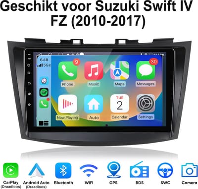 Junsun Android 15 Autoradio Geschikt voor Suzuki Swift IV FZ (2010-2017) Accessoires, 2GB+64GB, Draadloze CarPlay & Andriod Auto, DAB+, GPS-navigatiesysteem, Bluetooth, Stuurwielbediening, WiFi, 9-inch Touchscreen, DSP, Quad-core processor