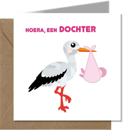 Tallies Cards - greeting - ansichtkaarten - Hoera een Dochter - Primo  - Set van 4 wenskaarten - Inclusief kraft envelop - geboortekaart - geboorte - baby - in verwachting - 100% Duurzaam