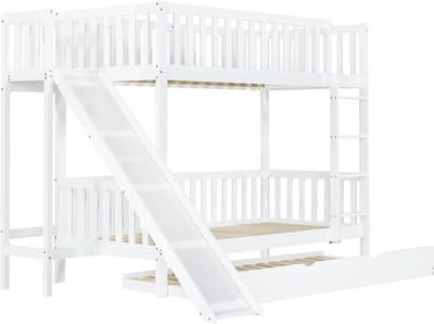 REDOM Stapelbed 90x200 cm – Wit – Met uitschuifbed (90x190 cm), glijbaan & opbergrek – Kindvriendelijk