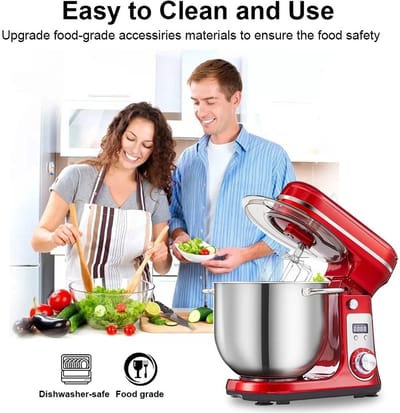 Lunekiss Keukenmixer 6L met RVS mengkom, LED-timer en 1200W stille DC-motor - 6 snelheden, standmixer met accessoires set - Rood