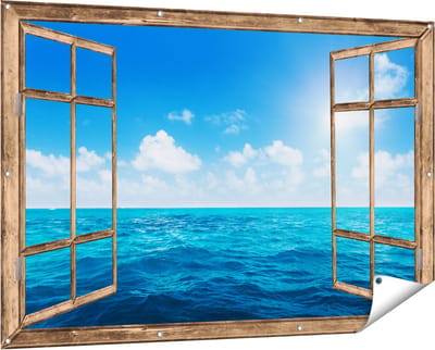Gards Tuinposter Doorkijk Water Midden op Zee met Zonneschijn - 150x100 cm - Tuindoek - Tuindecoratie - Wanddecoratie buiten - Tuinschilderij