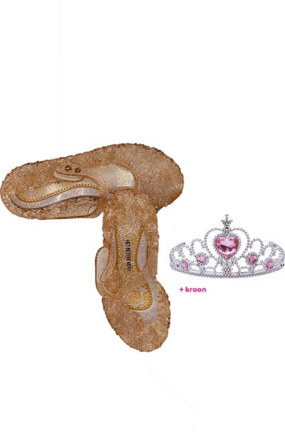Prinsessenschoenen klittenband + kroon (tiara) - goud - maat 29/30 - vallen 1-2 maten kleiner - Het Betere Merk - verkleedschoenen prinses - prinsessen schoenen plastic - Giftset voor bij je Prinsessenjurk - binnenzool 18 cm
