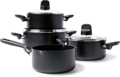 GreenPan Memphis Kookpannenset 7-delig - 16/18/20/24cm - 1.6/2.1/3.1/4.9L - PFAS-vrije antikleeflaag - Inductie kookpan - Keramische pan - Ovenbestendig tot 160°C - Koudgrepen - Met glazen deksel - Zwart