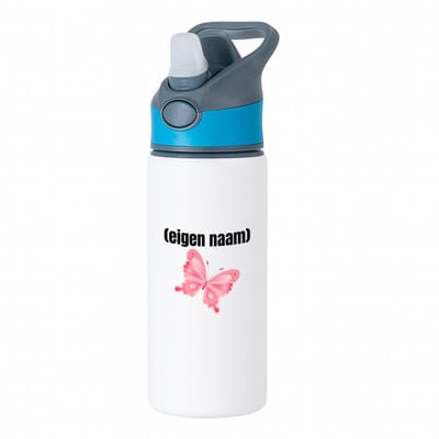 Hacebo® - roze vlinder met eigen naam waterfles met rietje blauw - Vlinder - dieren liefhebber - iemand die houdt van vlinders - verjaardag - cadeau - kado - geschenk - water fles - 650ML