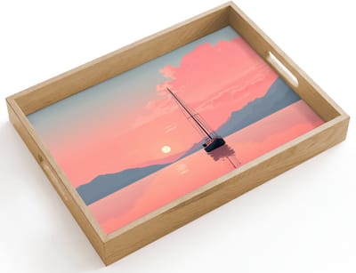 Dienblad hout 40x30 cm - Schootdienblad - Zeilboot - Roze zee - Zonsondergang - Bergen - Borrelplank rechthoek - Plateau dienbladen