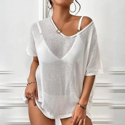 Nieuwe Zomer Strandrok voor Vrouwen Effen Kleur Sexy Gebreid Hol Strand Bikini Badpak Blouse Zonbeschermingspak One Size wit