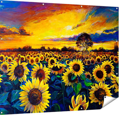 Gards Tuinposter Getekende Zonnebloemen Veld met Olieverf - 150x120 cm - Tuindoek - Tuindecoratie - Wanddecoratie buiten - Tuinschilderij